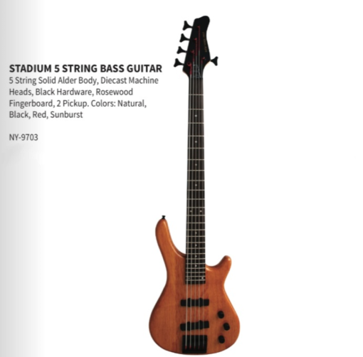 Stadium NY-9703 Solid Alder Body 5-String Electric Bass Guitar - Natural